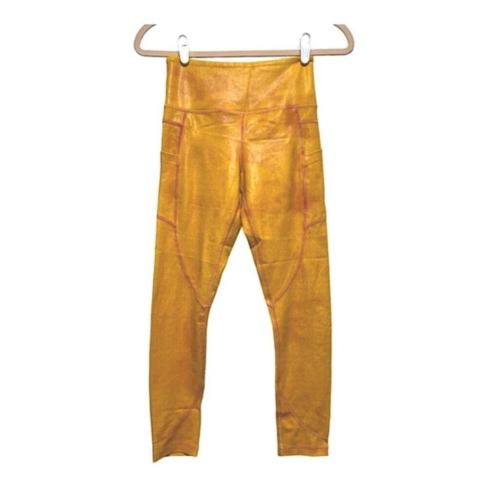 Zyia Yellow Pink Faux Leather Cropped Workout Legging with Slant Side Pockets